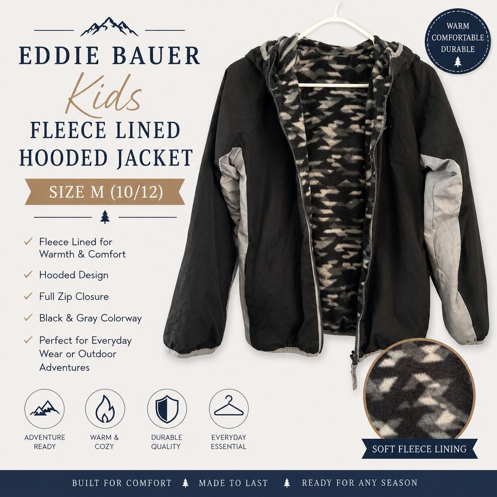 Eddie Bauer Kids Fleece Lined Hooded Jacket Size M (10/12) Black Gray Coat